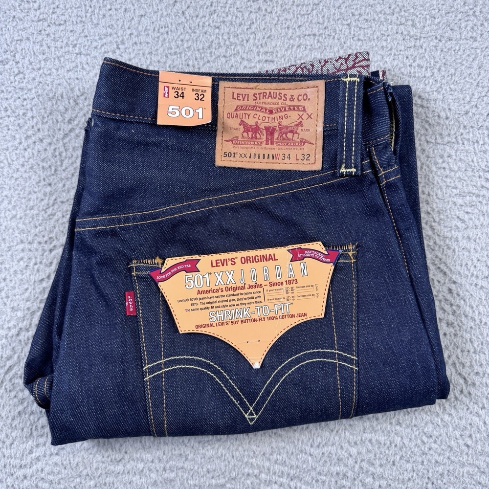 Jordan X Levis 501 XX Indigo Selvedge Denim Jeans 34x32 Hidden Rivet Limited NWT